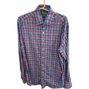 Peter Millar Summer Comfort Button Up Shirt Men L Pink Blue Plaid Nylon Stretch